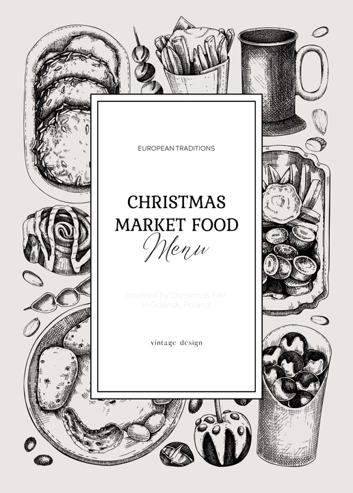Christmas market food menu design. Hand-drawn vector illustration. Mulled wine, sweets, raclette, French fries, pastries, grilled sausages sketches. European Christmas fair frame, invitation, card